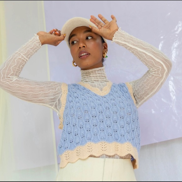 Find me now the Label baby blue and light taupe crocheted vest. - Picture 2 of 5